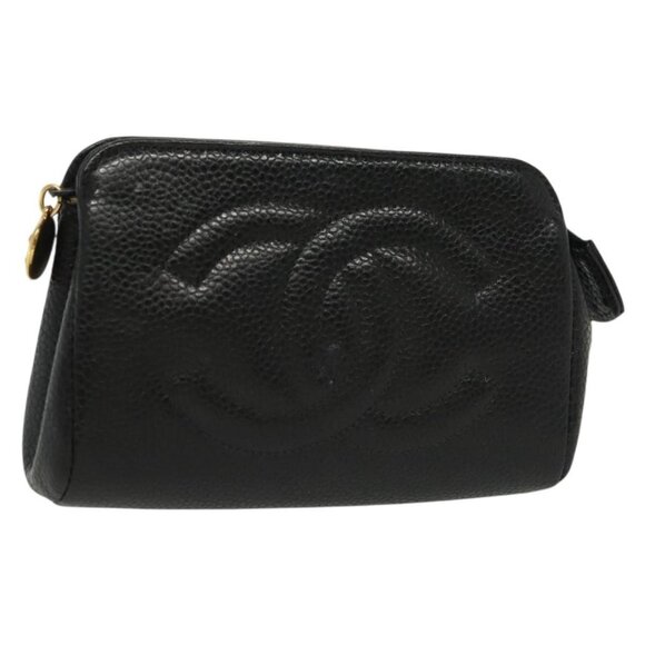 CHANEL Pouch Grained Calf Skin Black Gold CC Auth - Picture 1 of 16